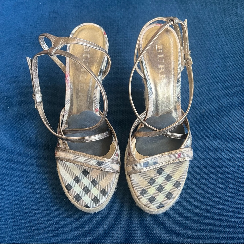 Burberry Women's Check Plaid Strappy Sandal Wedges - Size 38 - Woven & Brown